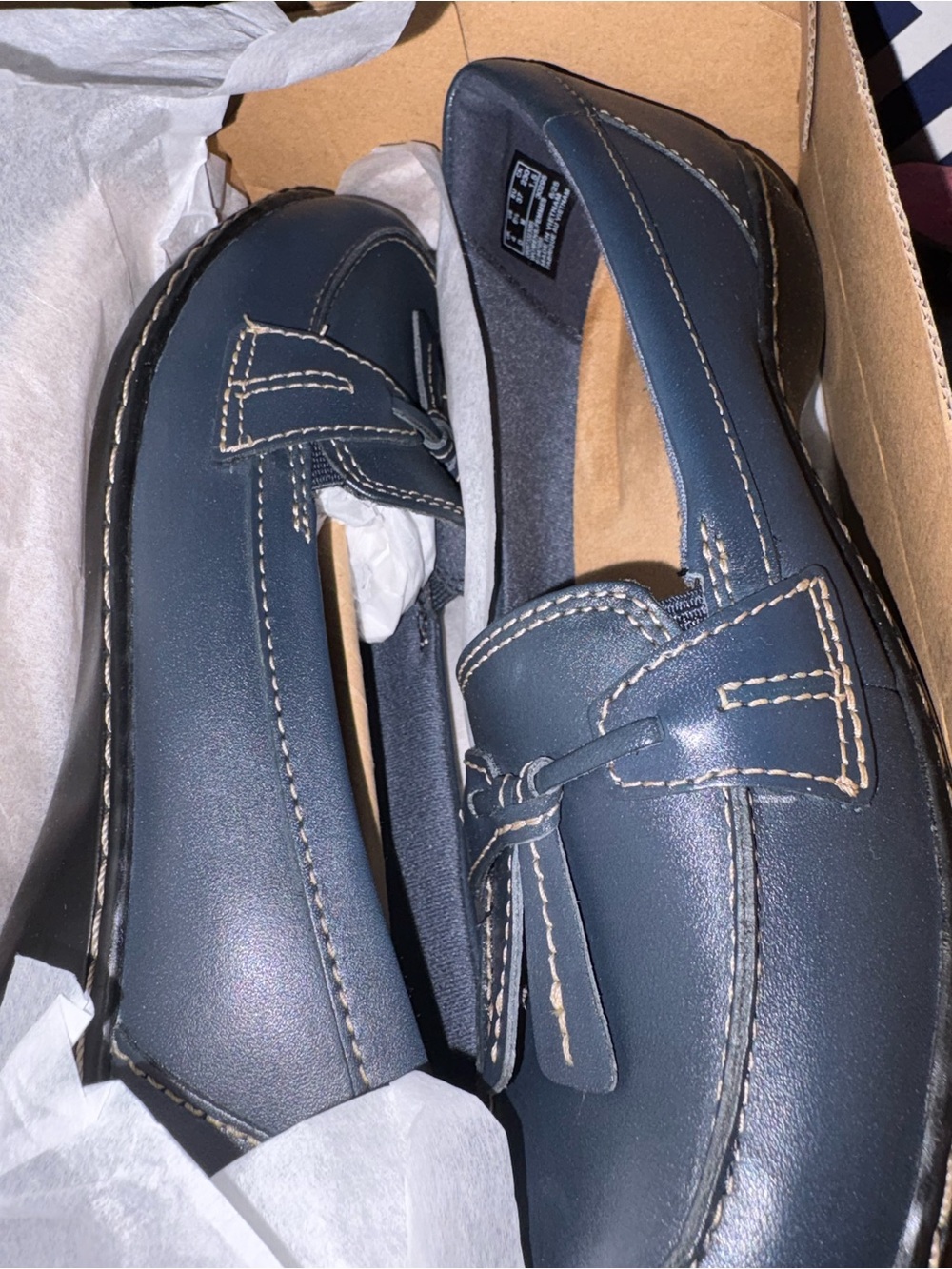 Clarks Navy Leather Slip-On Loafers with Contrast Tan Stitching